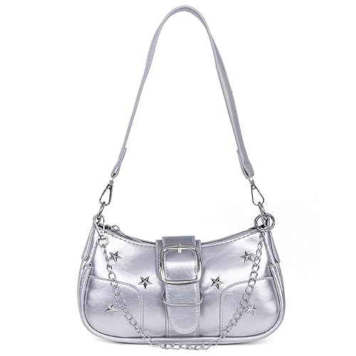 Women's Y2k Silver Metallic Hobo Purse - Sparkly Evening Shoulder