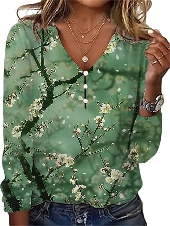 LOAIHA Japanese Clothes for Women Floral Print Long Sleeve Shirts V Neck Womens Boho Tops Button Down Plus Size Pullover