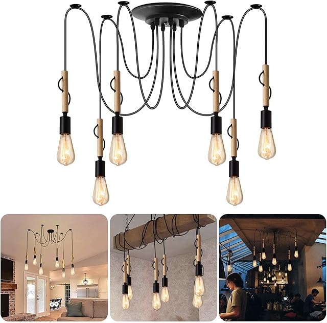HOLULO Spider Pendant Lights, DIY 6 Arms Adjustable Chandelier Spider Lights Ceiling, Classic Edison E27 Industrial Retro Ceiling Light, Wooden Decoration, for Cafe Dining Hall Restaurant Living Room