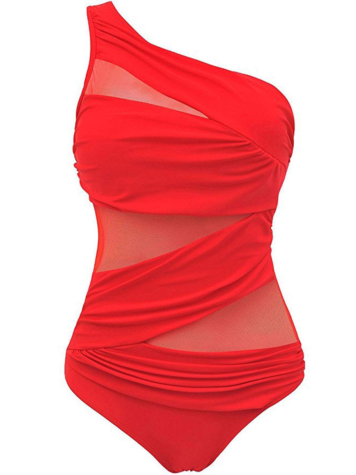 CHOSERL Women´s One Shoulder Swimwear Monokini Swimsuit See Through Mesh Bikinis One Piece Swimming Costume (Red, M)