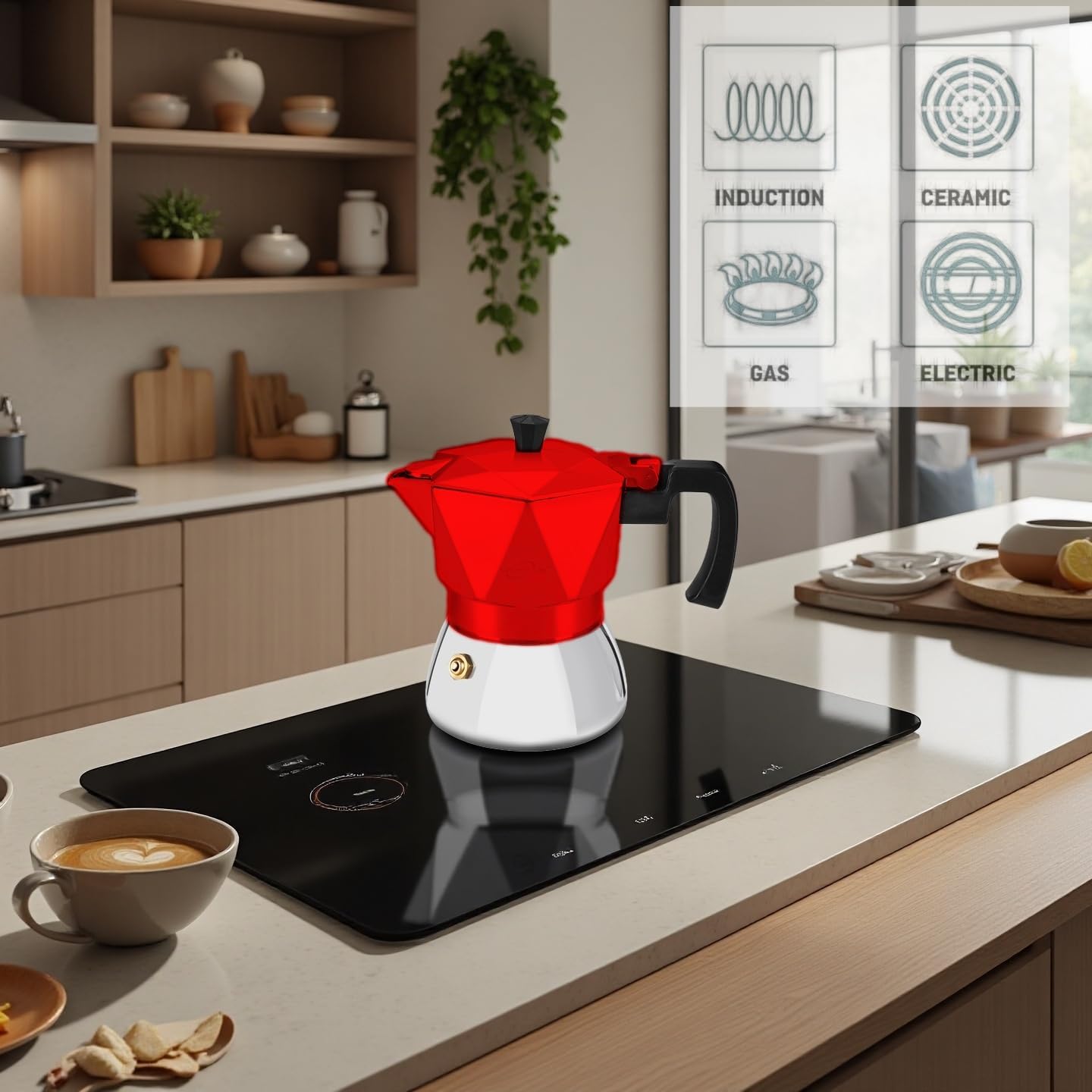 Rich Crema Moka Pot，Double Valve Induction Coffee Maker，Italian Stovetop Espresso Maker，2 Espresso Shots 100 ml，Red