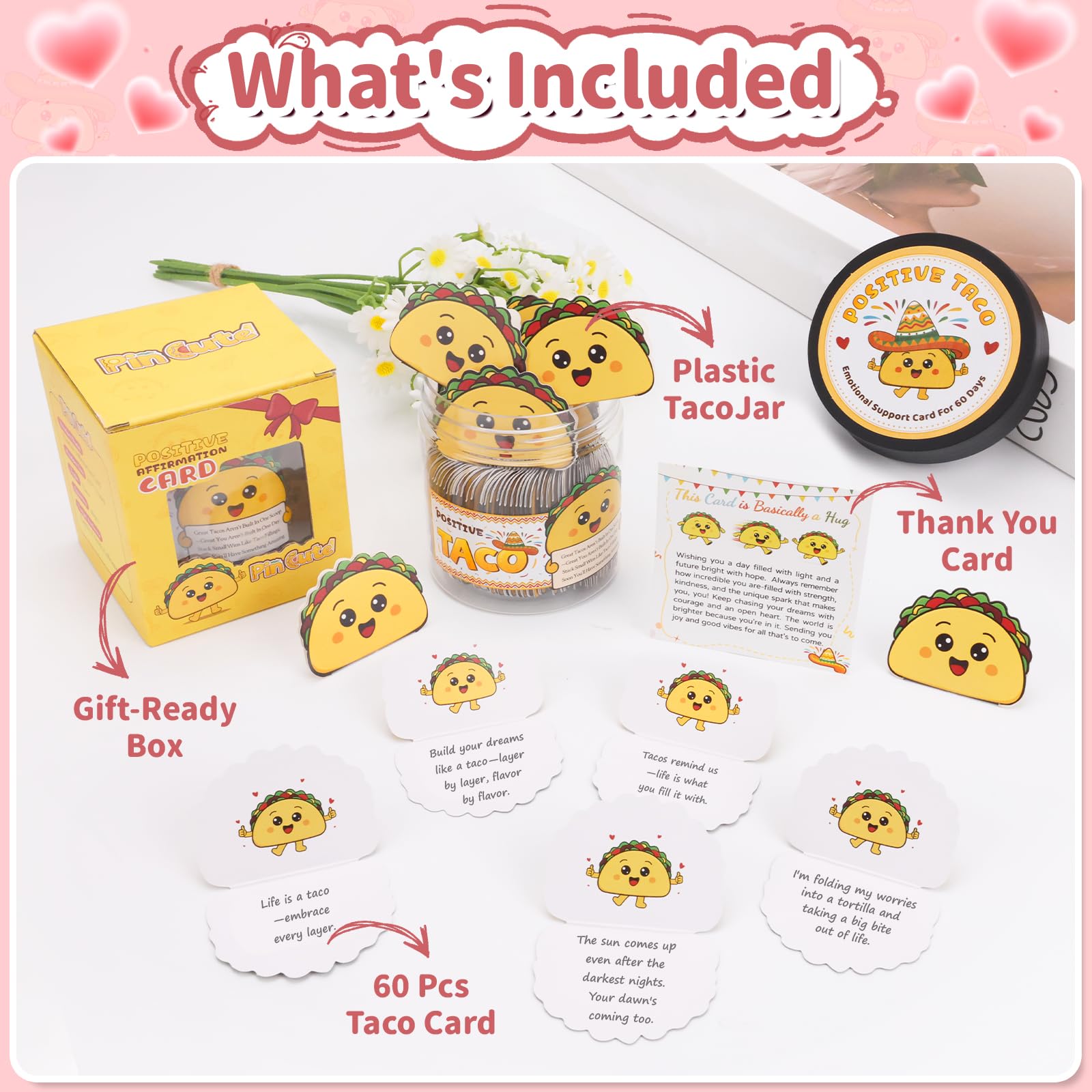 PinCute 60 Positive Taco Affirmation Jar - Teacher Appreciation Gifts, Self Care Graduation Gift, Birthday Gifts for Women Men Teen, Cute Home Decor