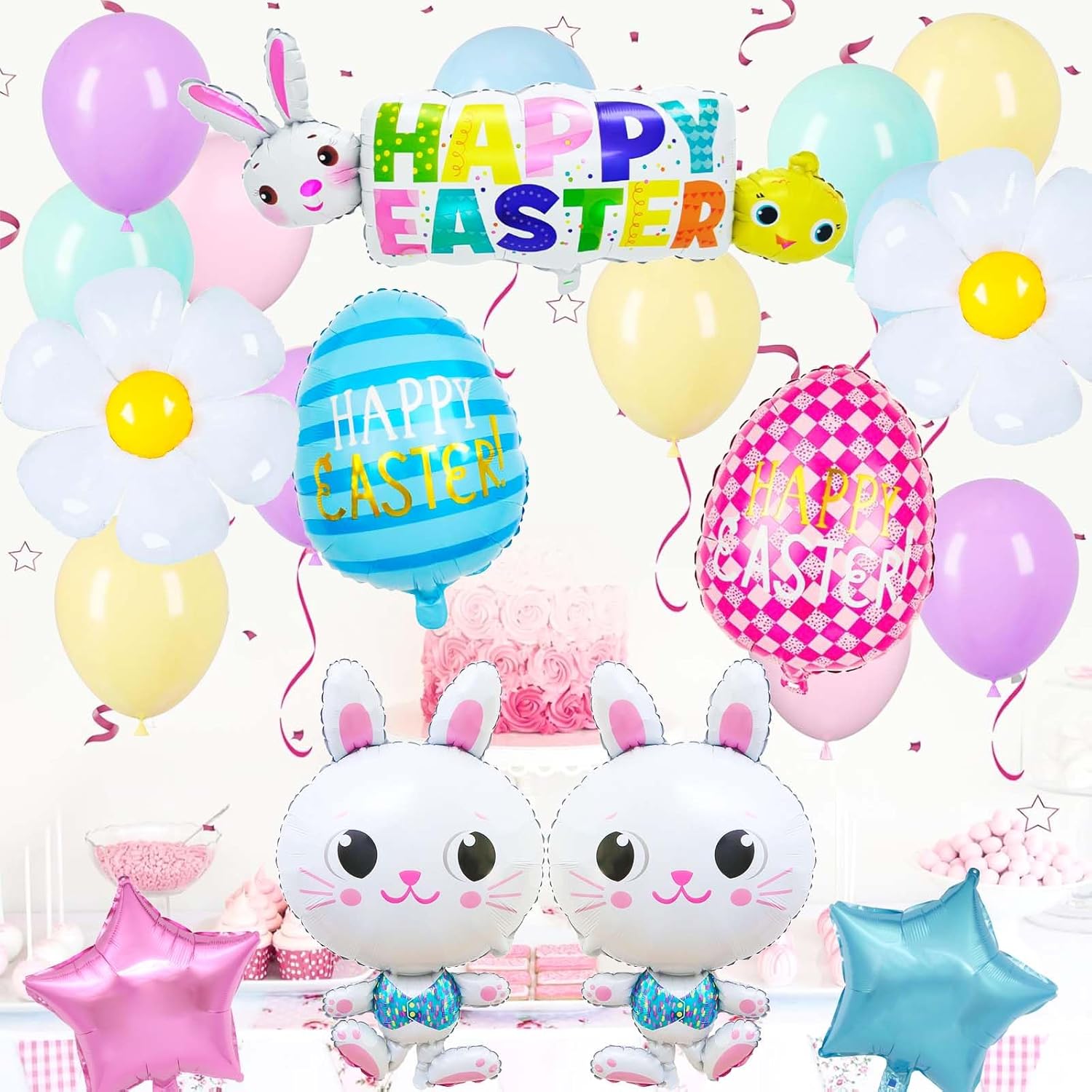 Easter Bunny Balloons Set, Happy Easter Balloon and Colorful Egg Balloons, Daisy Party Decorations (Colorful Bunny)