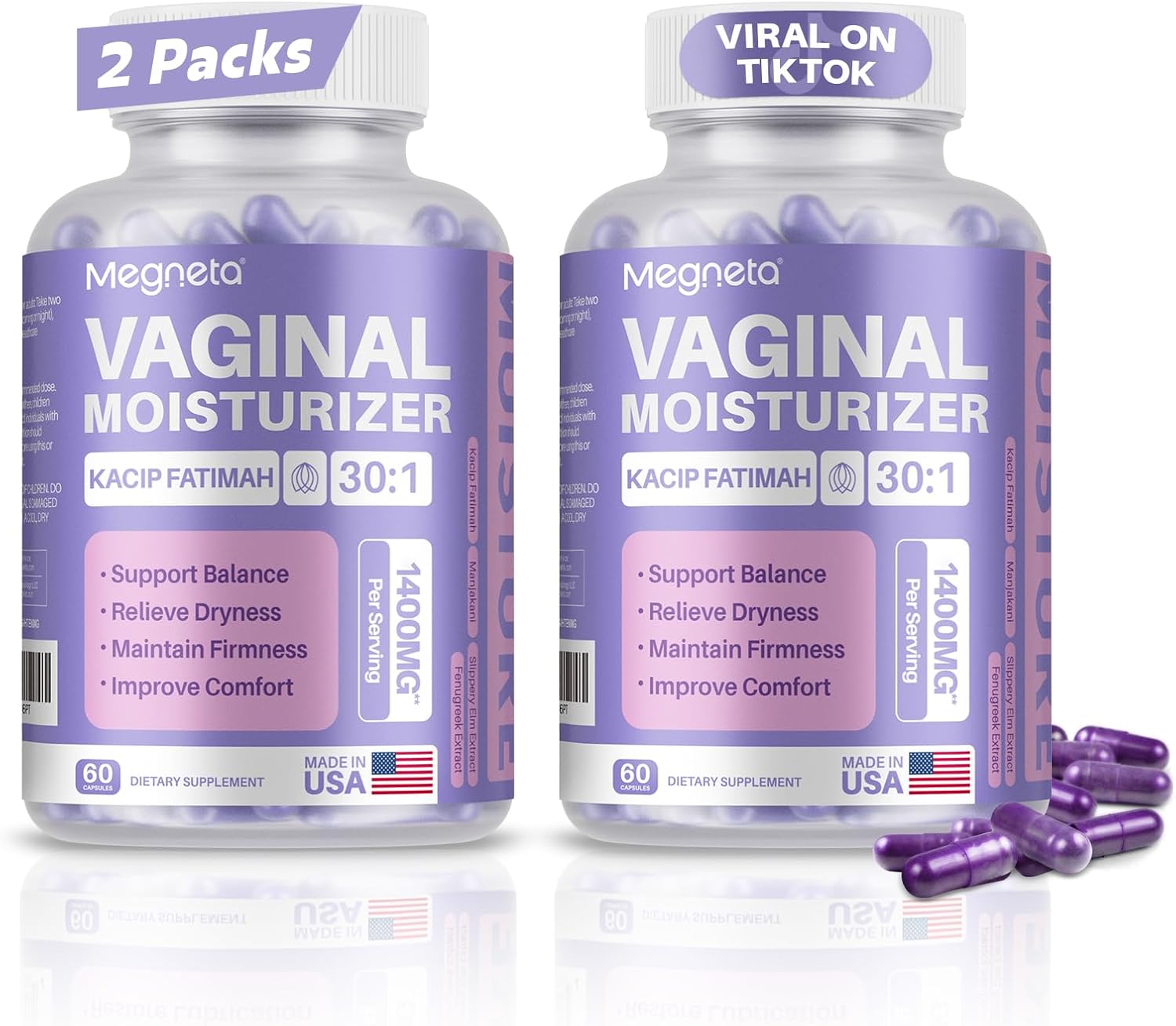 Vaginal Moisturizer, Kacip Fatimah 1,000mg & Manjakni 200mg for Female Health, Slippery Elm for Women, Vegan, 120 Capsules