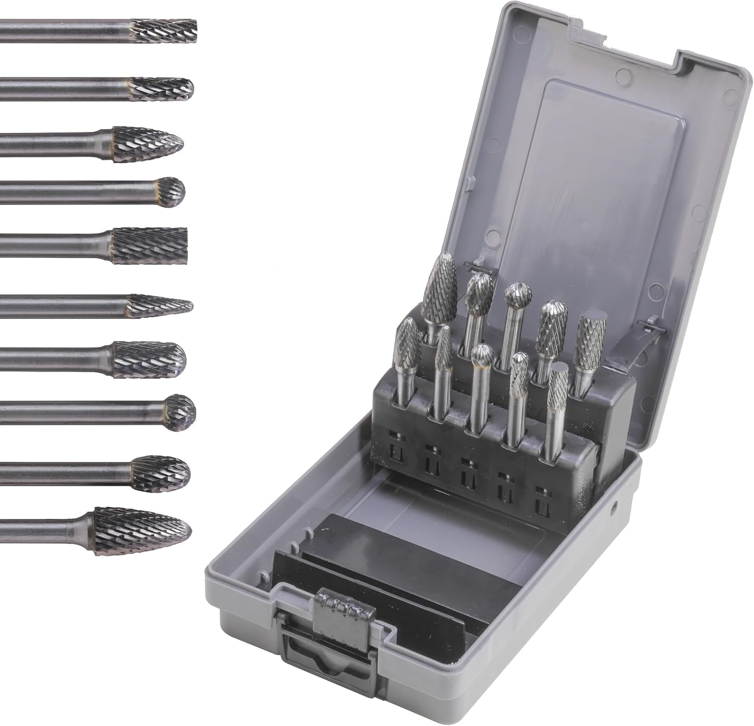 Carbide Cutting Burr Set 1/4 Inch Shank 10pcs Cutting Burr Rotary Files Set with Plastic Case Metal Wood Stone Hole Deburr Contouring Surface Milling Cleaning Grinding Engraving