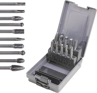 Carbide Cutting Burr Set 1/4 Inch Shank 10pcs Cutting Burr Rotary Files Set with Plastic Case Metal Wood Stone Hole Deburr Contouring Surface Milling Cleaning Grinding Engraving