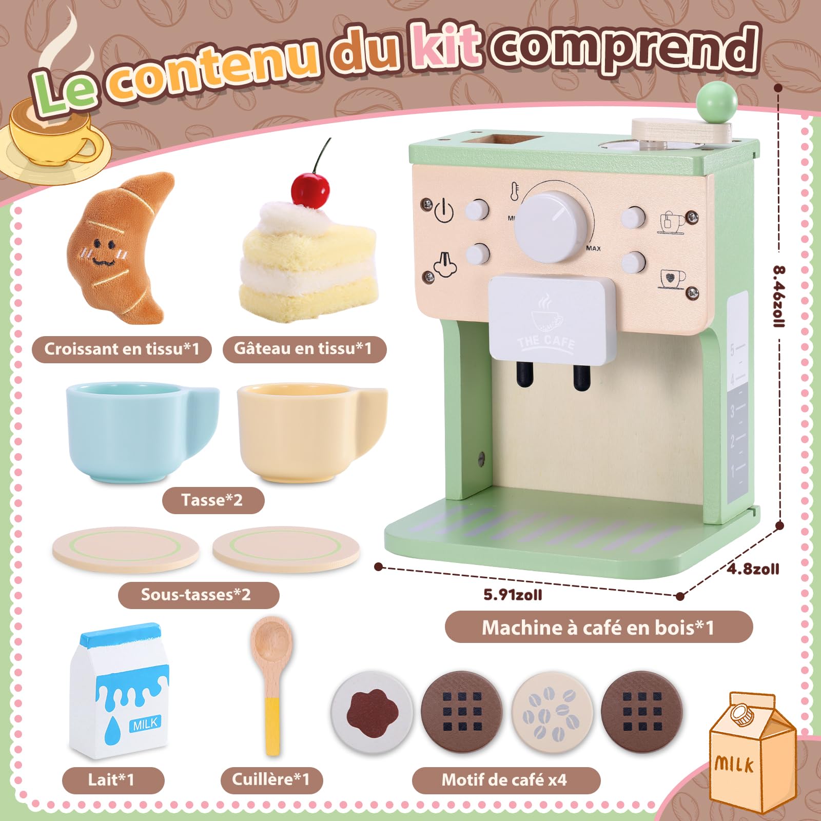 VBACALA Cafetière en Bois pour Enfants avec Son et Boutons,Cuisine en Bois pour Enfants avec Tissu Gâteau et Croissant,Jouets Educatifs Jeux de Rôle Montessori,Jeux de Cuisine,Cadeaux pour Garçons et
