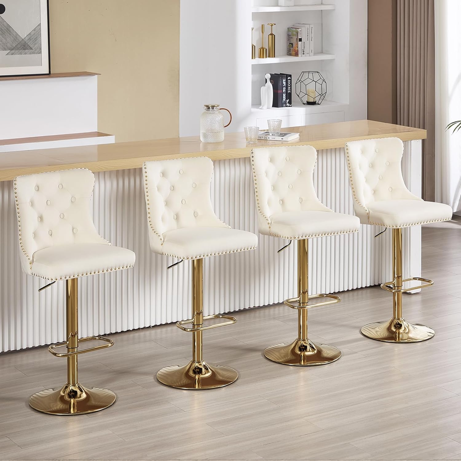 Modern Barstools Set of 4 Adjustable Velvet Bar Stools Counter Height Stools with Back, Upholstered Swivel Bar Chair with Golden Base and Footrest for Kitchen Island/Dining Room, Cream