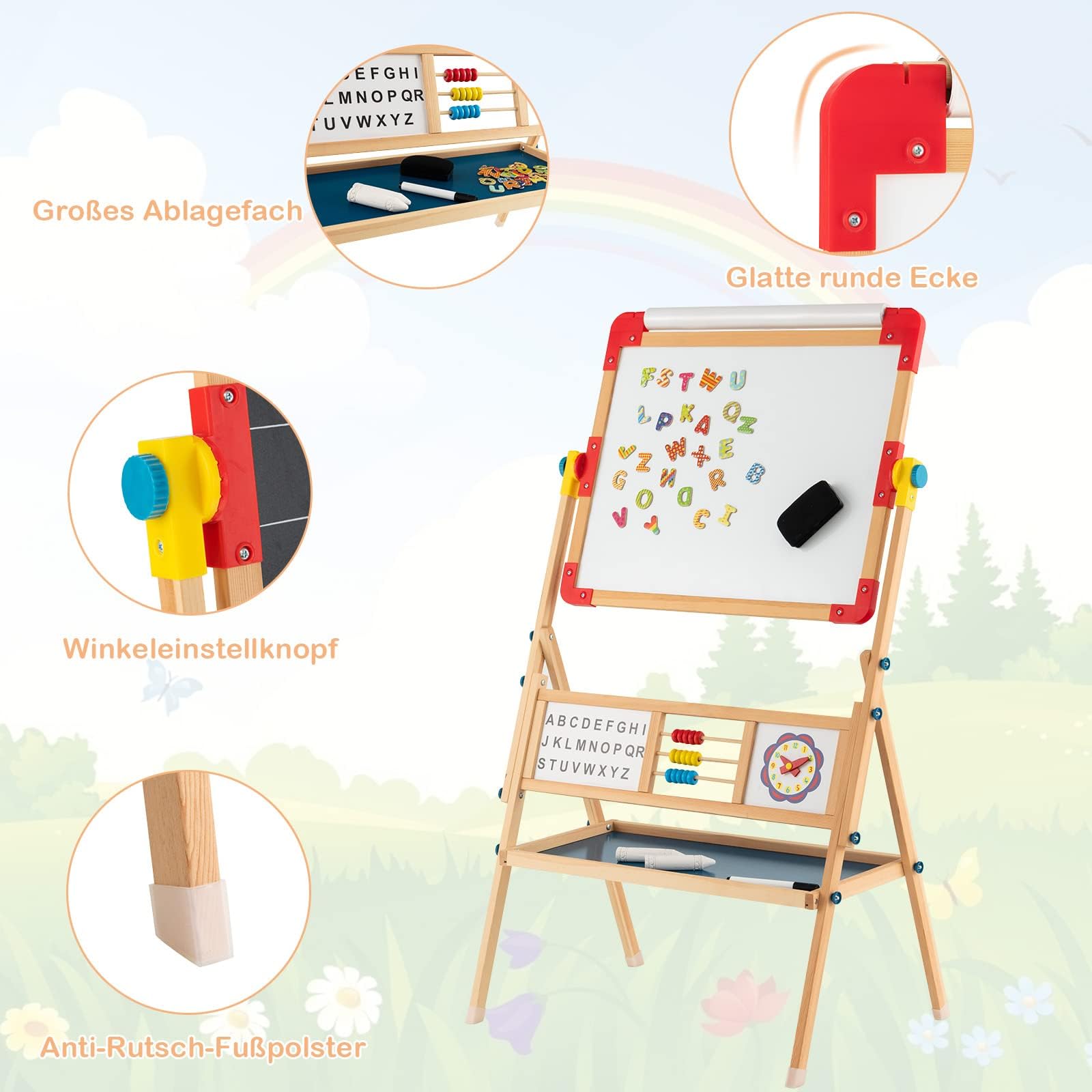 COSTWAY Kindertafel 360°drehbar, Spieltafel doppelseitig mit Kreidetafel & Whiteboard, Magnettafel Holz mit Ablage, Papierrolle, Abakus, Uhr & Alphabet, Standtafel für Kinder ab 3 Jahren