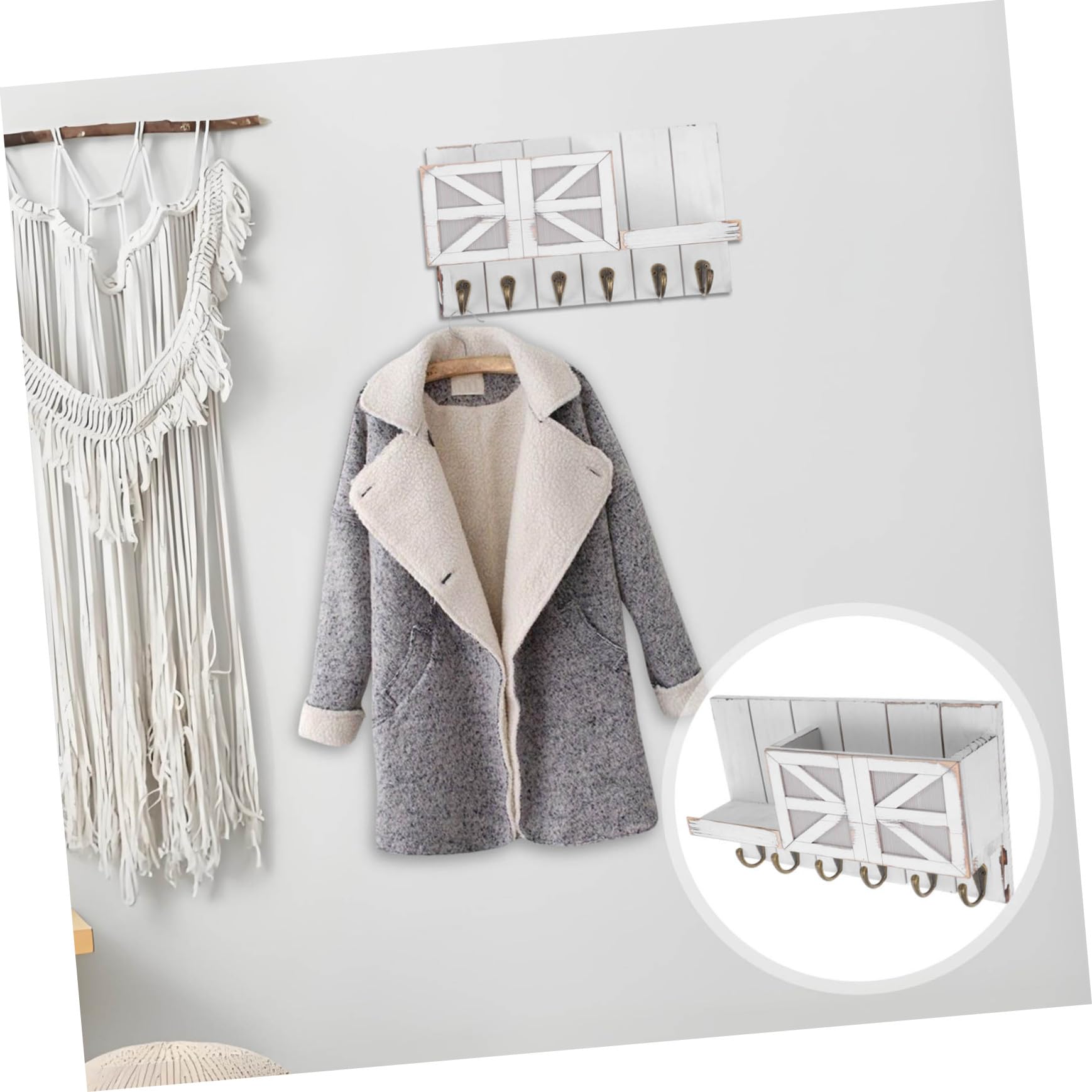 IMIKEYA Portaoggetti da Parete in Legno e Ferro con Ganci per Cappotti e Chiavi, Bianco, Design Europeo Elegante per Ingressi e Piccoli Appartamenti