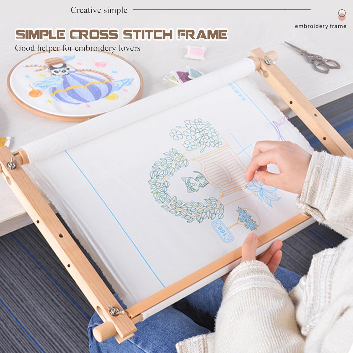 MUFEKUM Beech Wood Embroidery Tapestry Scroll Frame, Wooden Cross Stitch Quilting Frame, Needlepoint Holder, Cross Stitch Embroidery Projects (21"x12")