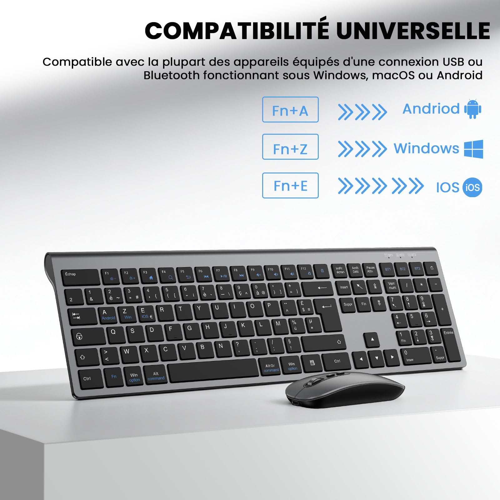 cimetech Clavier Souris sans Fil Bluetooth, Connexion BT1+ BT2+ BT3, Rechargeable, Silencieux, Ultra-Fin Clavier AZERTY, Compatible Windows/Mac OS/iPad/Android-Gris Noir