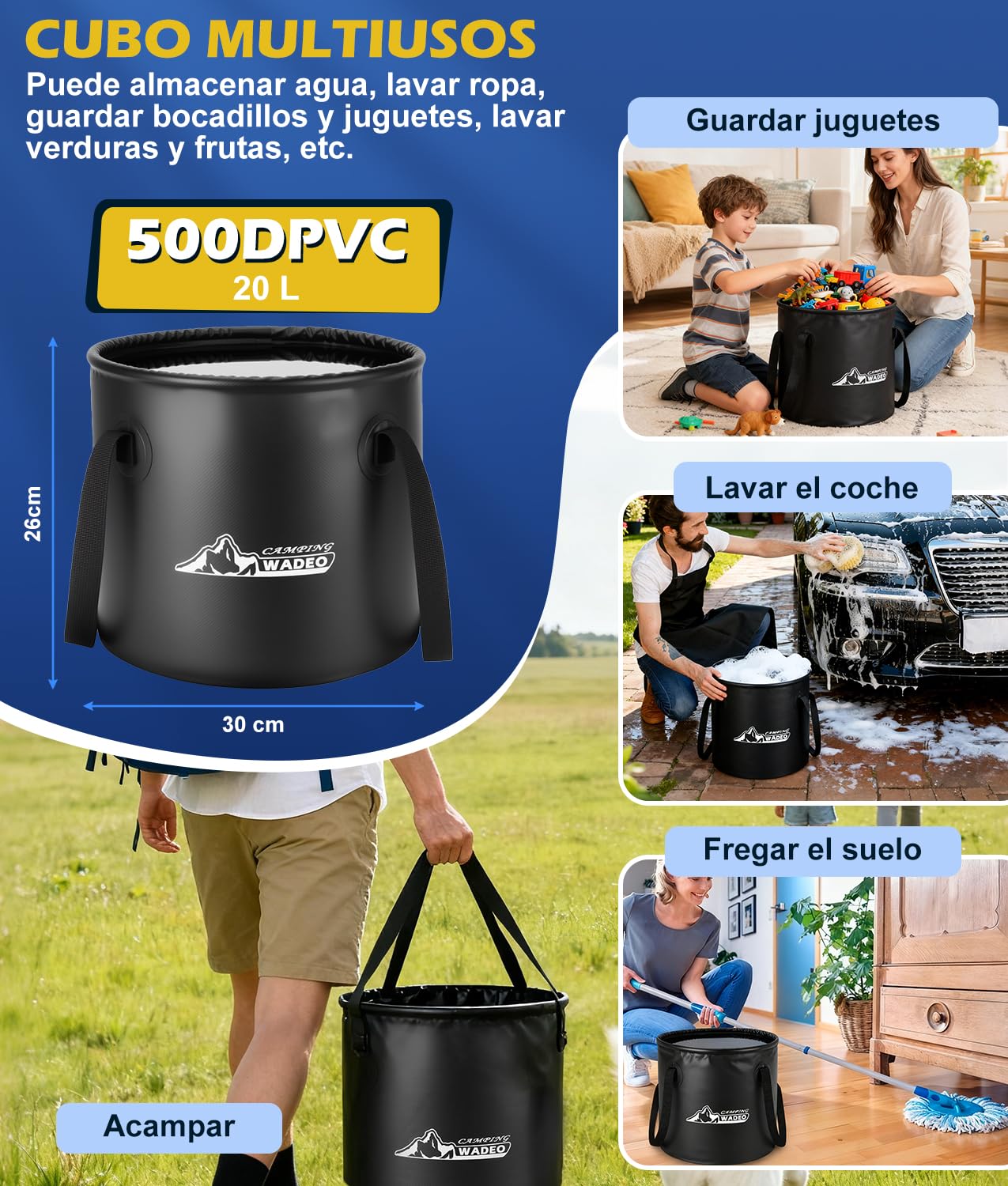 WADEO Ducha portátil de Camping con batería de 6000 mAh, Bomba y función de Calentamiento, depósito de Agua Plegable de 20 litros, indicador de Temperatura LED, para Acampada, Viajes y jardín | Uso en camping, Con bomba incluida