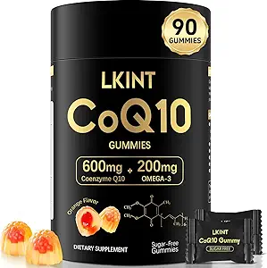 CoQ10 Gummies, Co Q 10 Supplement Sugar Free, Cq10 600mg with Omega 3 & Vitamin E, High Absorption Coenzyme Q10 Gummies for Heart Healthy, Energy & Antioxidant Support, Orange Flavor, 90 Count