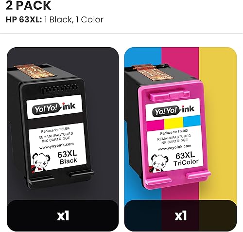 Miniatura 2 de YoYoink Paquete combinado de cartuchos de tinta HP 63 remanufacturados para HP 63XL (1 negro, 1 color 2 unidades) Uso con tinta de impresora HP 3830