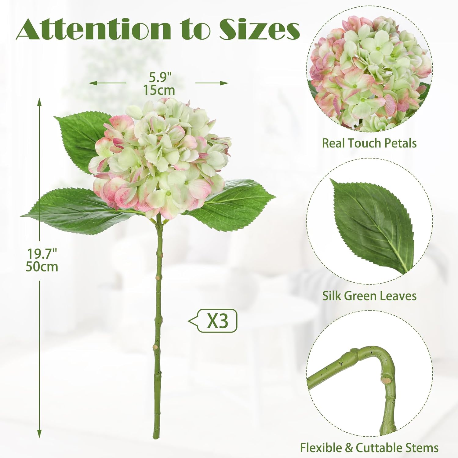 Oairse 3Pcs Green Hydrangea Artificial Flowers 19.7 in Real Touch Faux Hydrangea Stems Silk Flowers with Stems Fake Green Flowers Bouquet for Floral Arrangements Table Centerpieces Wedding Home Decor - Image 3