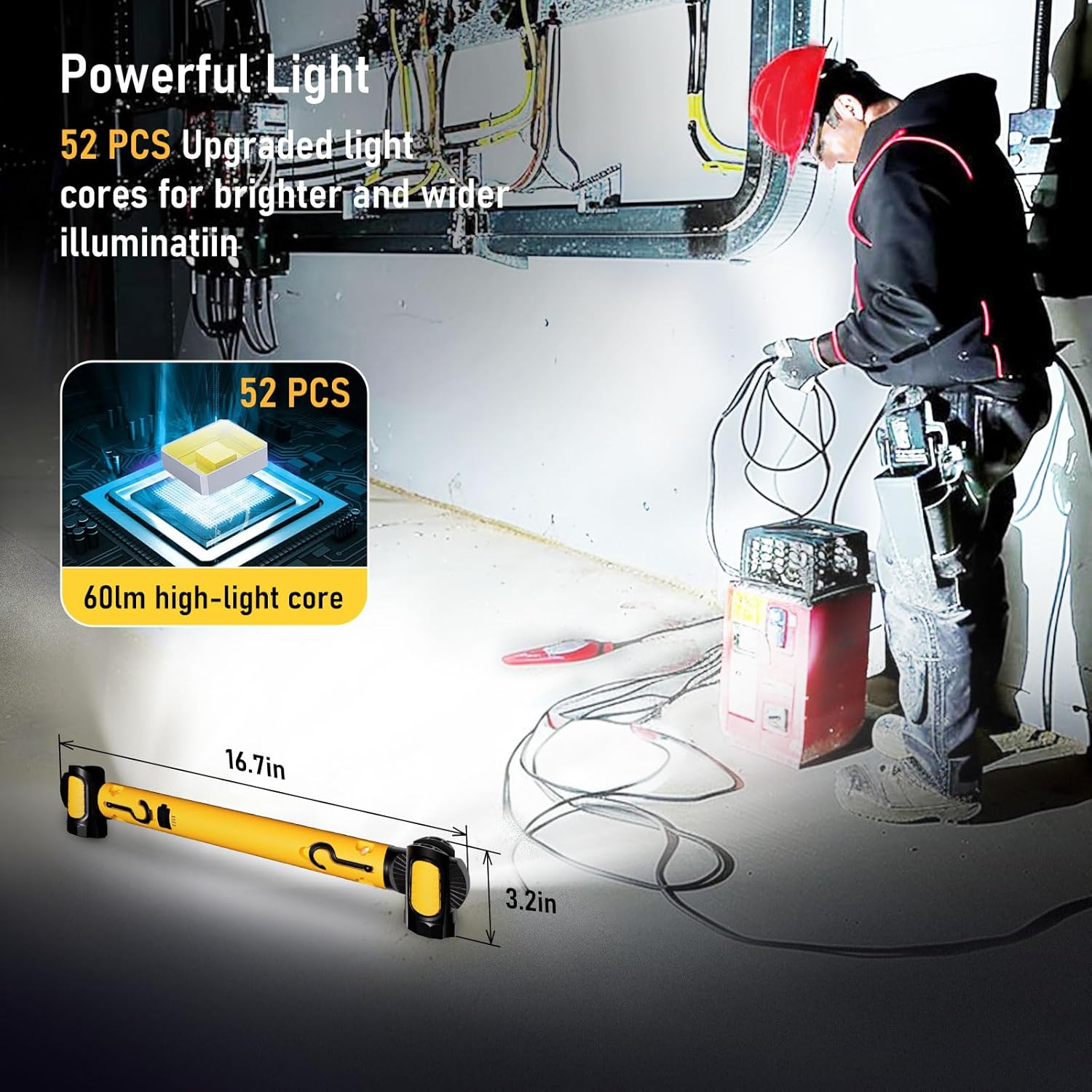 Work Light for Mechanic,3200LM LED Work Lights,5400mAh Rechargeable Magnetic Light bar,Portable Automotive Tools Underhood Light with Hooks for Car Garage Workshop Emergency,Gifts for Him, Yellow