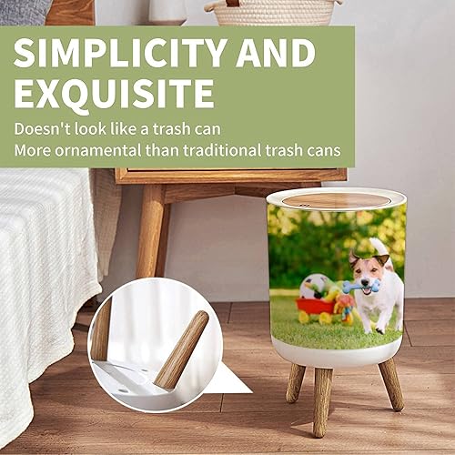 Miniatura 3 de Cubo de basura pequeño con tapa, perro feliz jugando al aire libre con hueso de goma junto al carrito, cubo de basura redondo, tapa de prensa a