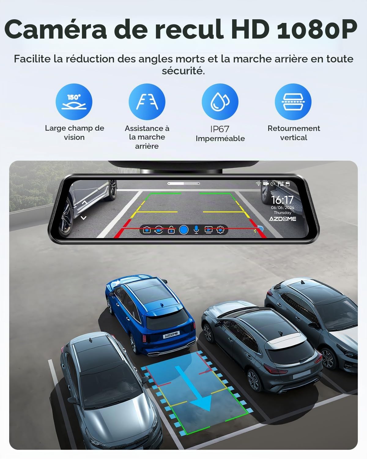 AZDOME 12" PG17 4K Spiegel Dashcam mit Rückfahrkamera, Auto Kamera mit WiFi, 64 GB-Karte (PG17)