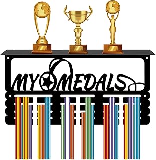 CREATCABIN Medal Trophy Holder Medal Hanger Display with Shelf Stand Sports 4 Rows Wall Mount Hold 70+ Medals for Gymnastics Dance Soccer Running Race Swimming Awards Rack 15.7 x 7.9 Inch-My Medals