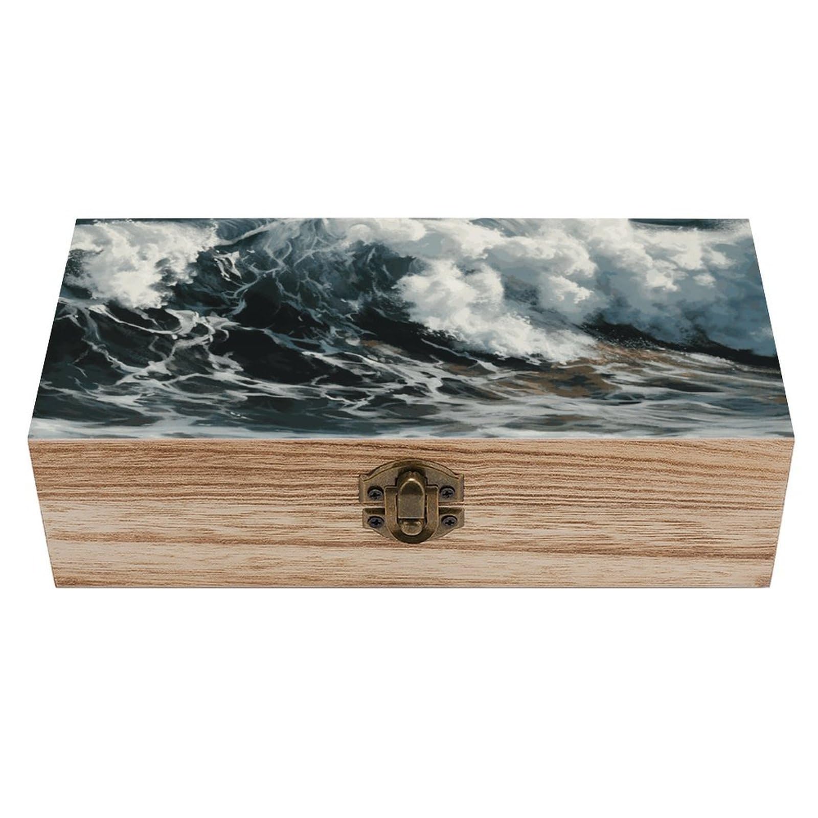 WAFICAC The Sea Waves Wooden Keepsake Box Wooden Box with Hinged Lid Decorative Storage Boxes Unique Gift Ideas for Men & Women Size 7.9" X 3.9" X 2.3"