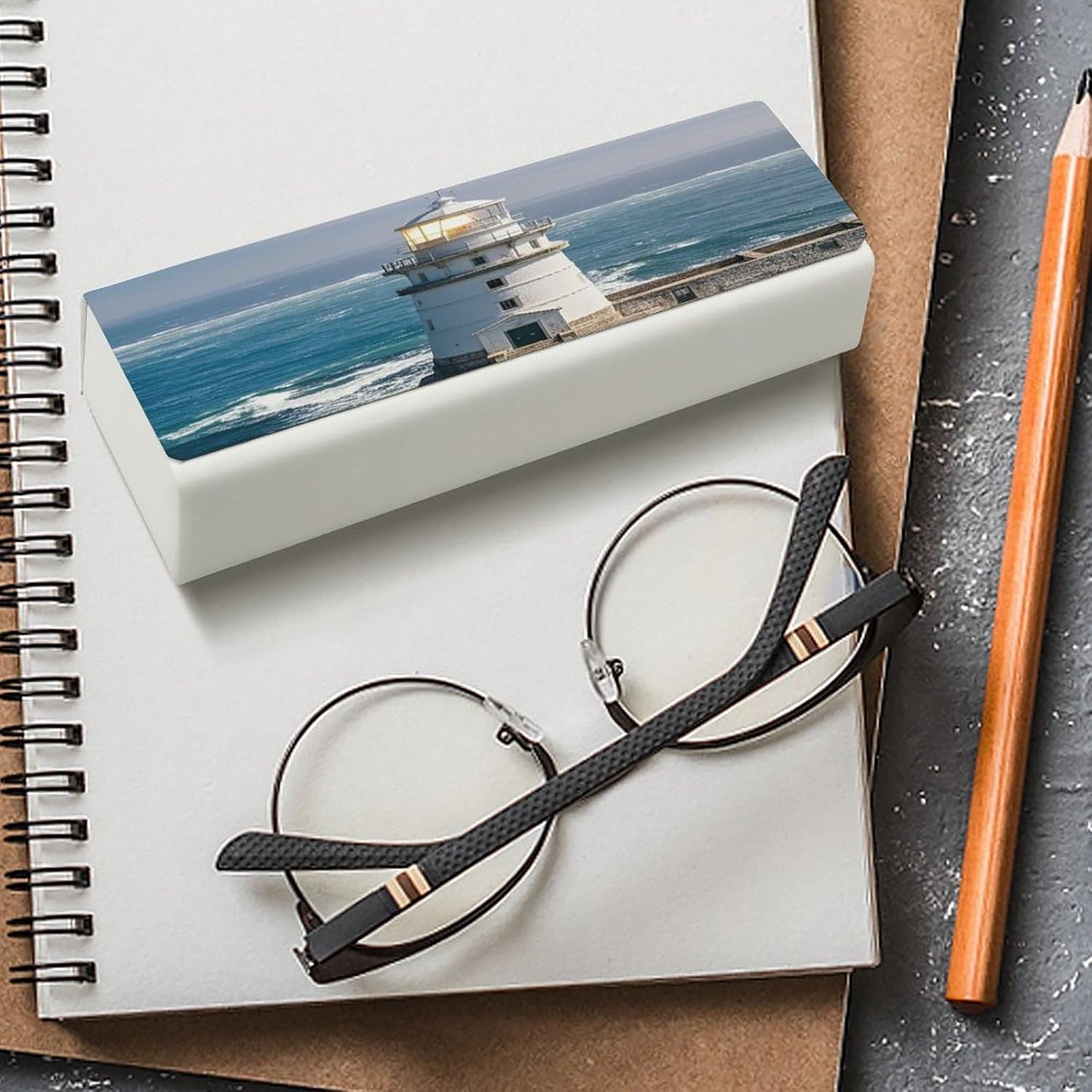 Lighthouse Sandbeach Eyeglasses Case Hard Shell for Men Women PU Leather Eyeglass Cover Fashionable Travel Sunglasses Cases Portable Reading Glasses Cover with Cleaning Cloth
