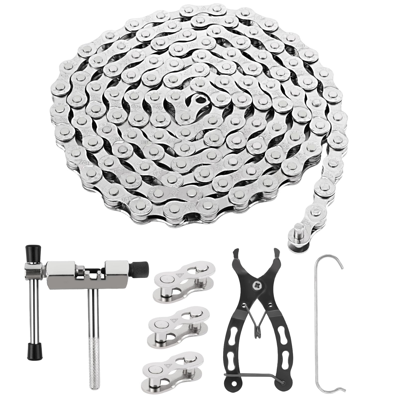 ROSE KULI Fahrradkette - 6/7/8 Fach Fahrrad Kette 1/2 x 3/32 Inch 116 Glieder, fahrradkette Werkzeug set mit kettenschloss zange,Kettenbrecher und 4 Paar Kettenschloss