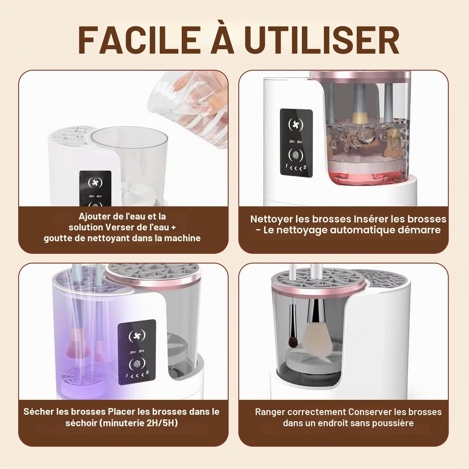 Nettoyeur Pinceau Maquillage,Machine Nettoyage Électrique avec Séchoir & Support - Laveur Pinceau Automatique USB pour Toutes Tailles Pinceaux Cosmétiques & Beauty Blender, Arrêt Auto 5 Min