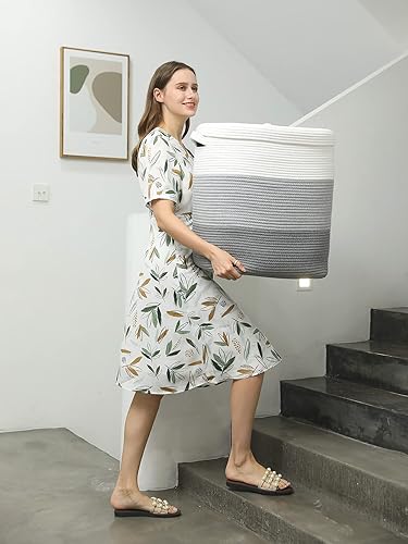 Miniatura 46 de Cesta de almacenamiento rectangular extragrande de 22 x 14 x 18 pulgadas con tapa, cesta de almacenamiento grande de cuerda de algodón, cesta