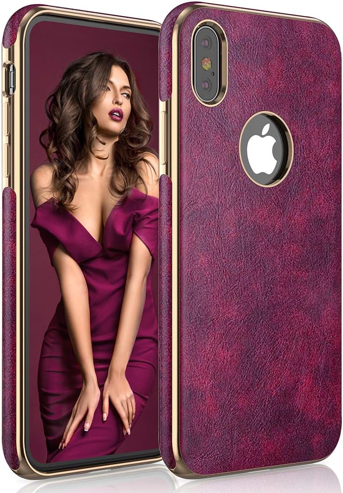 LOHASIC iPhone Xs Case, iPhone X Leather Case for Women, Luxury Elegant Thin Slim PU Soft Grip Flexible Anti-Scratch Shockproof Protective Cover Cases for Apple iPhone X 10 Xs 5.8 inch - Purplish Red
