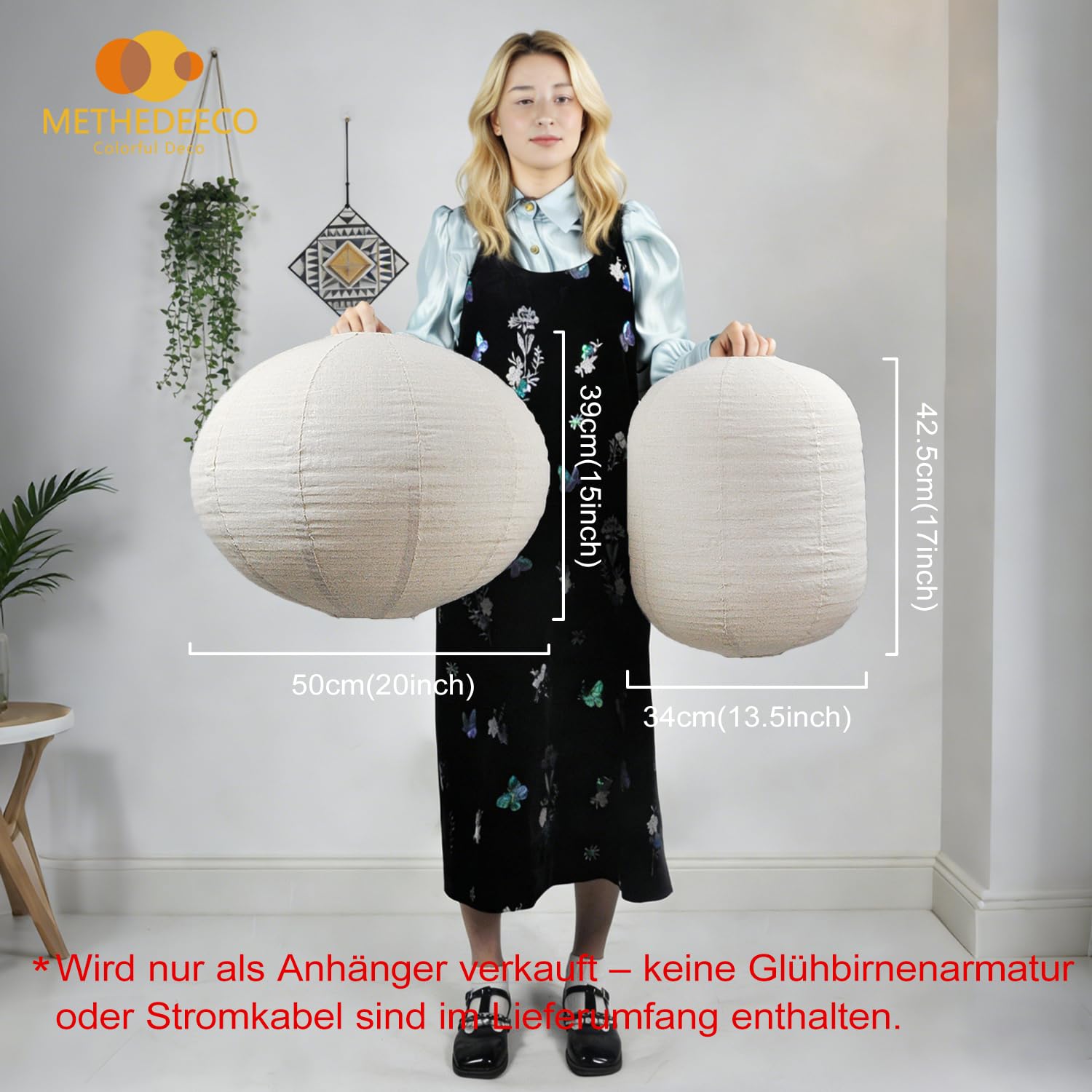 METHEDEECO 2er Set Pendelleuchtenschirm 50 x 39 cm, ovaler Lampenschirm für Hängelampe in Leinenoptik, großer Lampenschirm beige natur, nur Schirm für Wohnzimmer Schlafzimmer Esszimmer