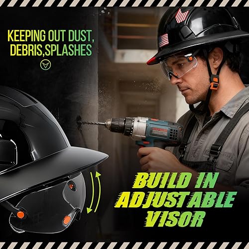 Miniatura 3 de Cascos De Construccion - Casco de ala completa con visera transparente aprobado por la OSHA y correa para la barbilla, casco de seguridad ajustable