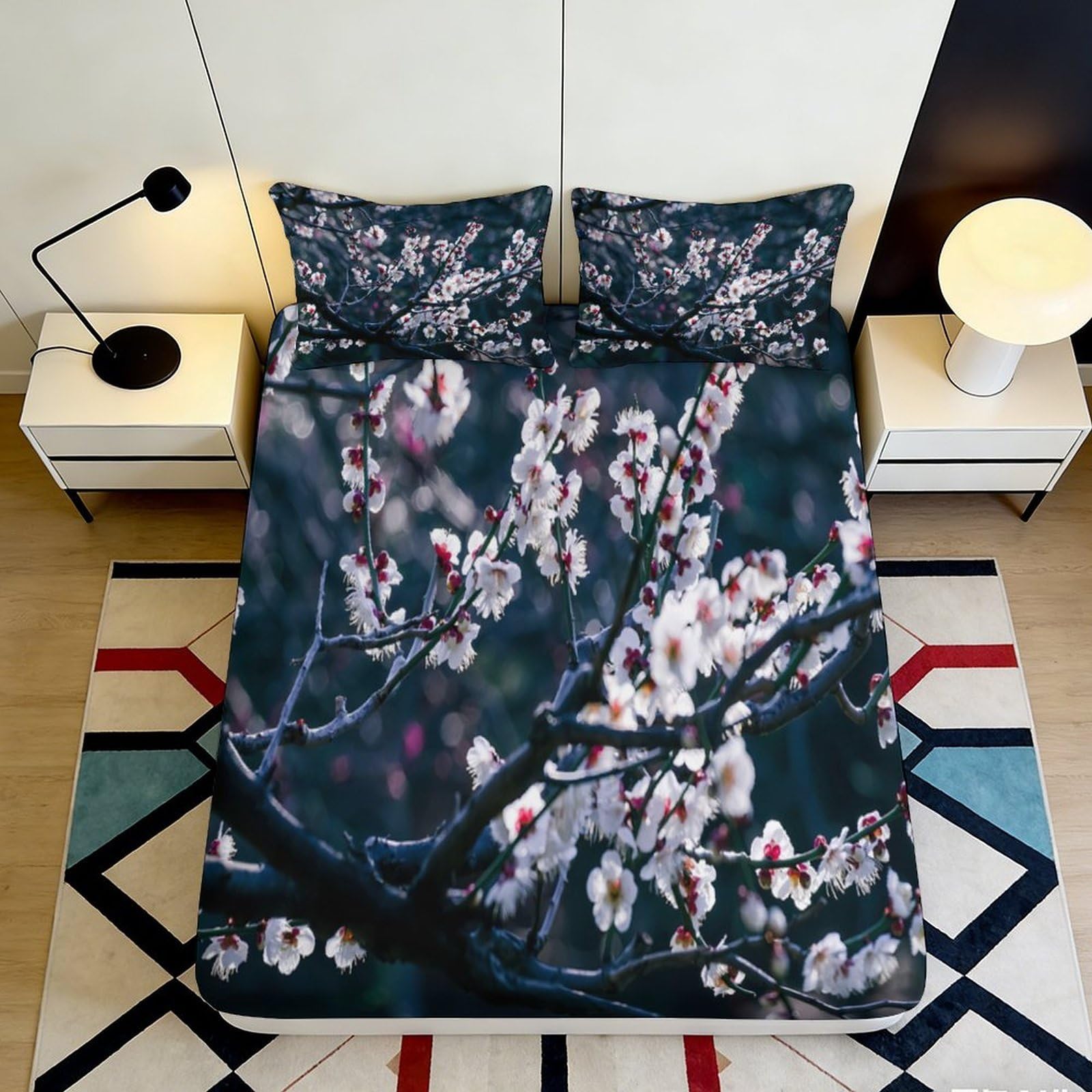 3D Printed Plum Blossom Fitted Sheet Microfiber Soft Breathable Sakura Mattress Cover for Bedroom Guest Room Decor 90x200x25cm