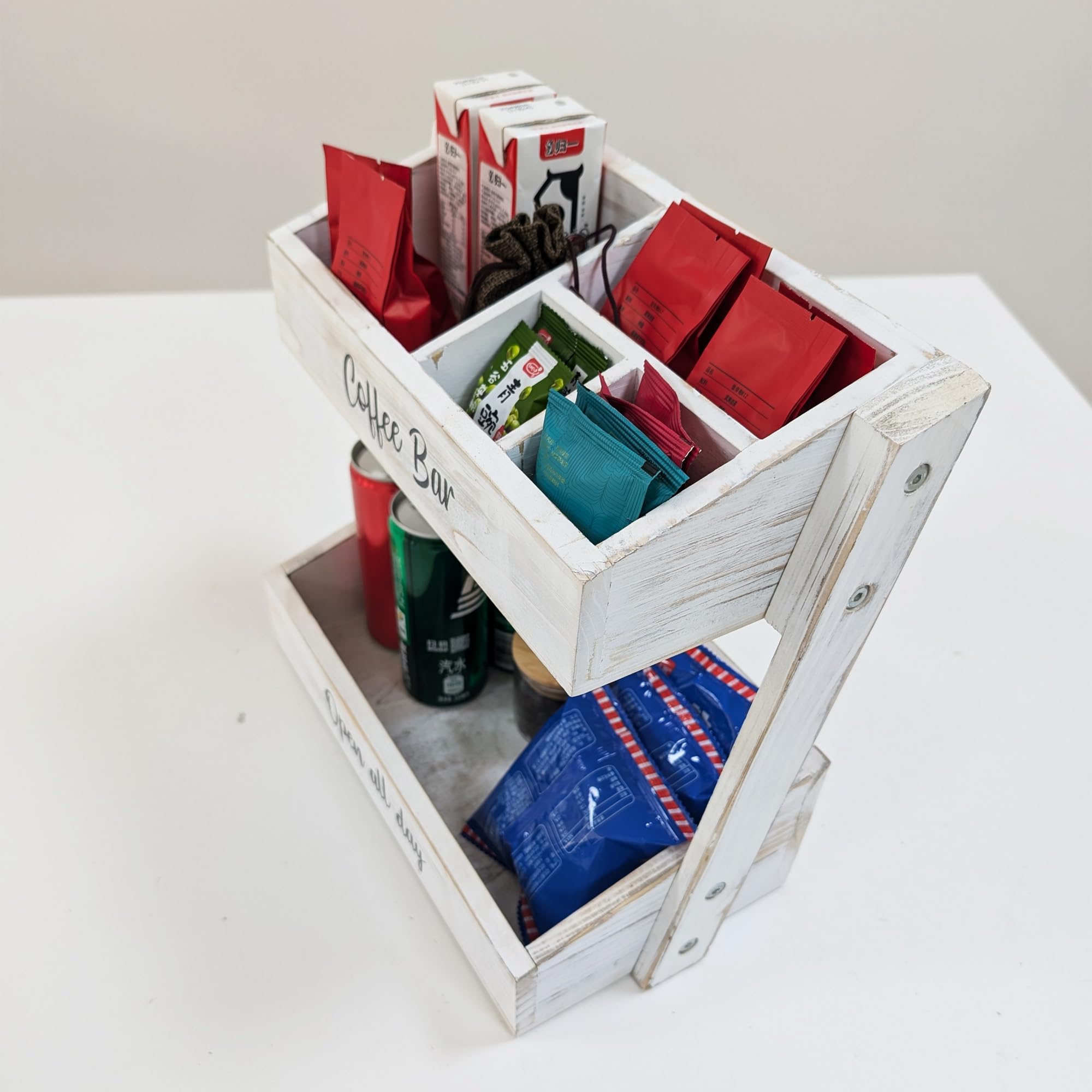 Accessoires et organisateur de bar à café en bois – Organiseur de station de café indispensable pour comptoir, décoration de bar à café, support de sirop et organisateur de condiments – Blanc Estacion