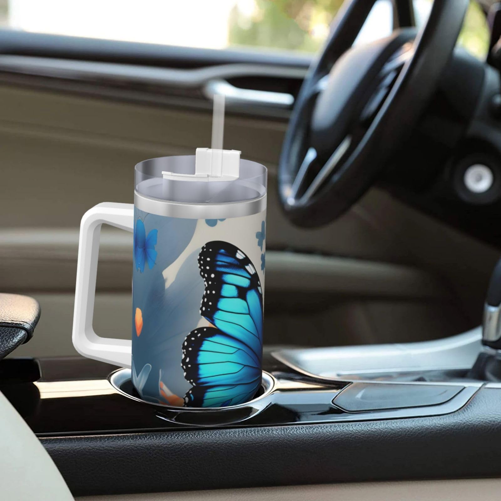 Blue Butterfly Ice Bully Doppelwandige isolierte Wasserflasche mit Griff und Strohhalm-Deckel, 1,2 l