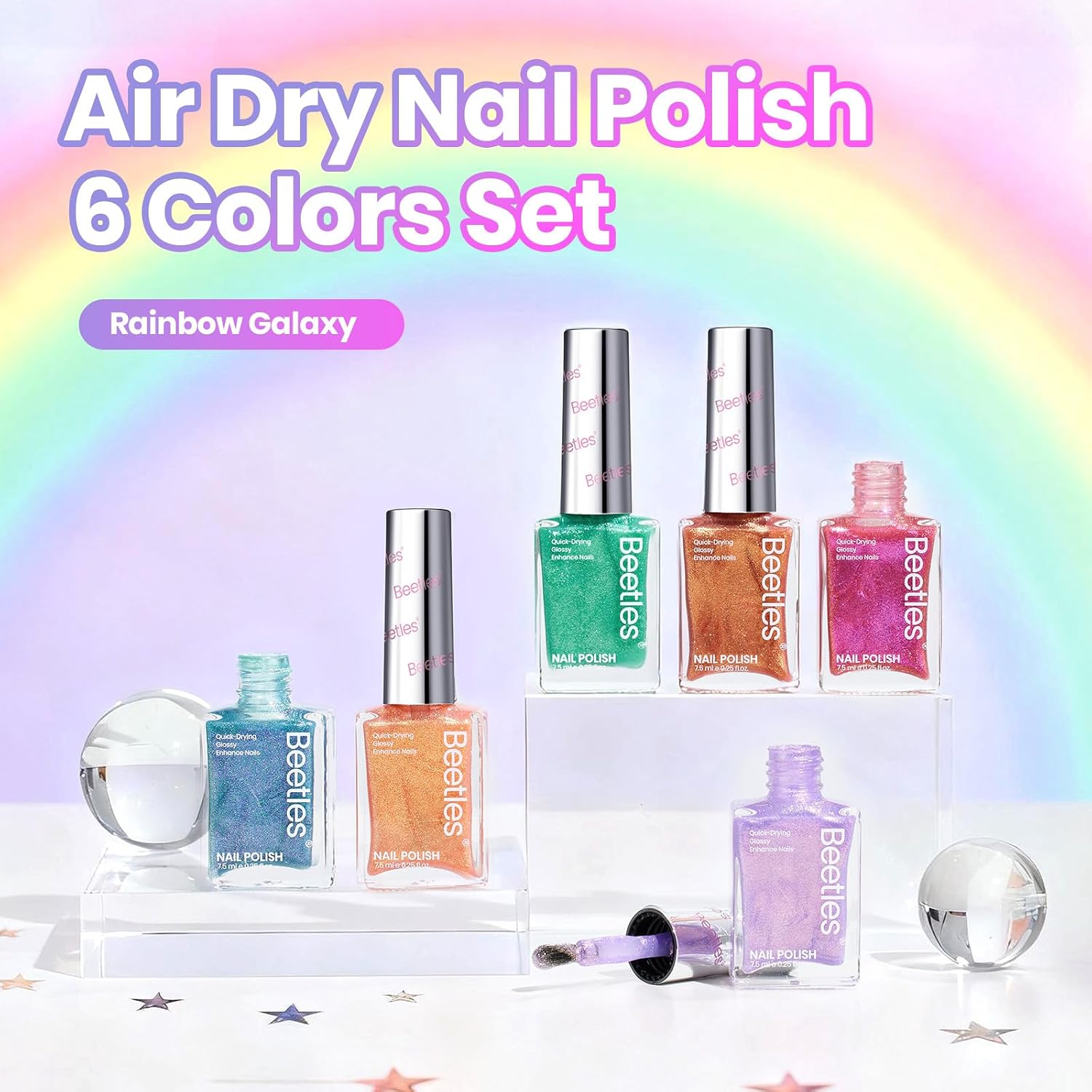 Beetles Summer Nail Polish Set - Rainbow Galaxy, 6 Colors Pearl Glitter Nail Polish Quick Dry Set, Summer Nails Art, Long-Lasting Manicure Salon DIY Glitter Nails Art Effect for Holidays