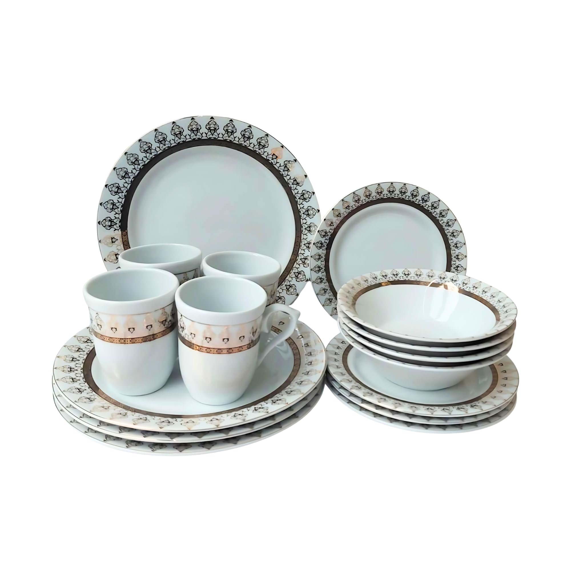 Reldor 16 Piece Round Dinner Set Gold Porcelain Floral Dinnerware Kitchen Tableware Crockery, Includes Dinner Plate, Side Plate, Bowl, Mug, Service for 4, Dishwasher Safe, Elegant Design