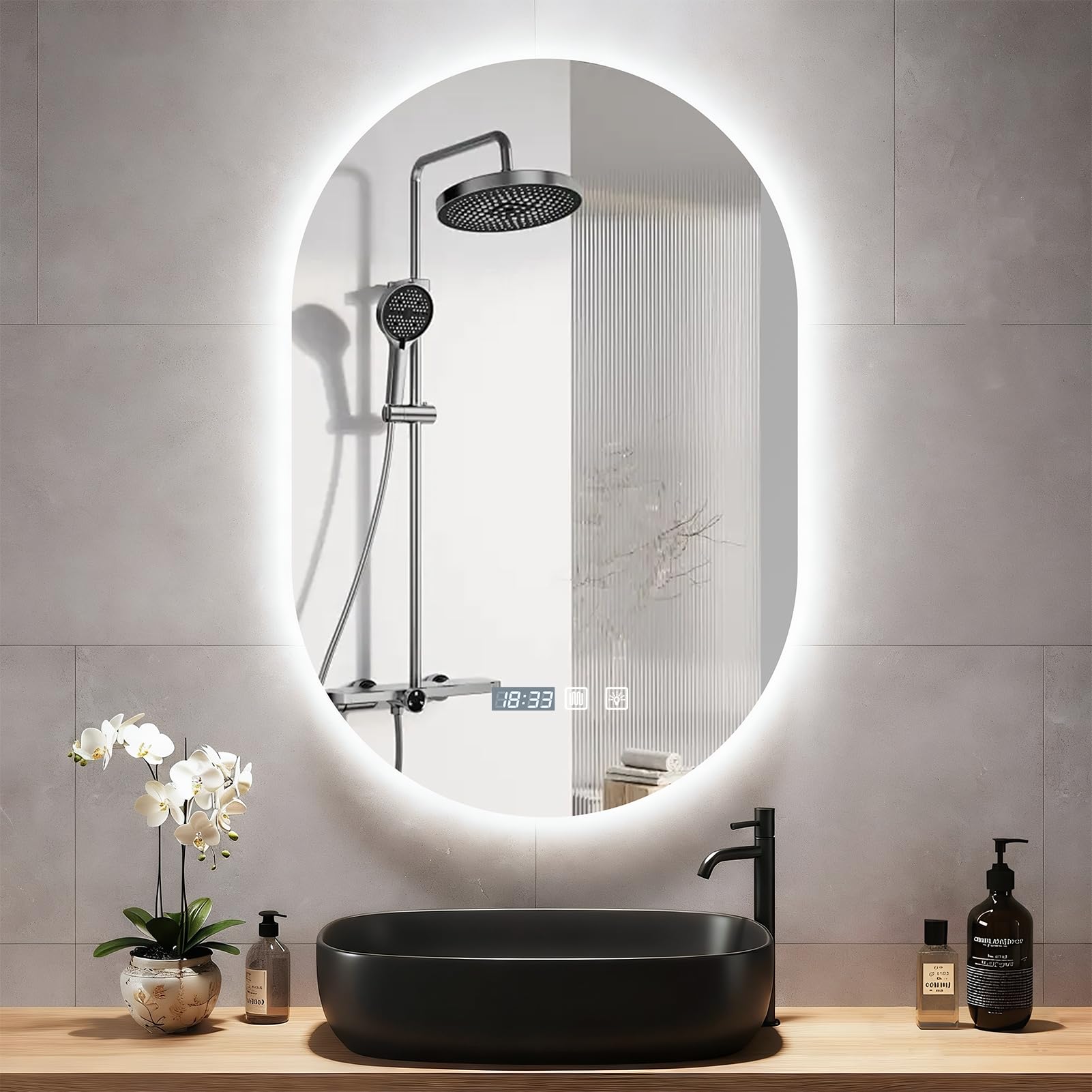 Miroir Salle de Bain avec Eclairage 50 x 75 cm,Miroir Salle de Bain Mural,Miroirs LED Sall𝐞 d𝐞 Ba𝐢n avec Anti-Buée,Interrupteur Tactile,Affichage Heure,3 Couleurs Lumière,Dimmable,Mémoire