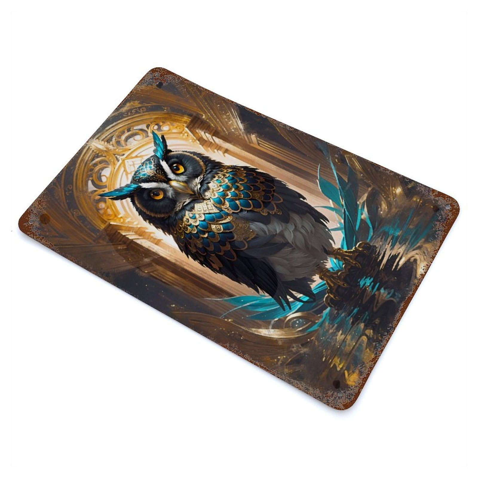 Distressed Metal Wall Sign Elegant Owl 11.8"x7.9", Vintage Wall Decor for Garage, Bar And Workshop Decor