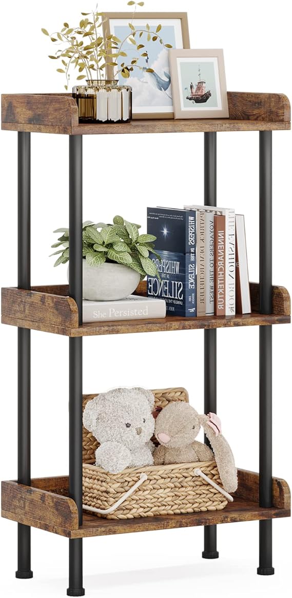 Hosfais Bookshelf Small Book Shelf 3Tier Wood Bookcase Industrial Bookshelf Metal