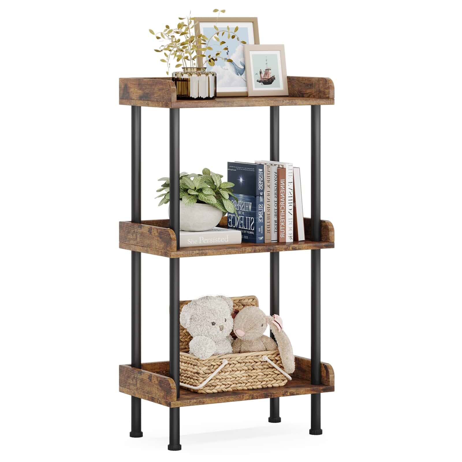Hosfais Bookshelf Small Book Shelf 3 Tier Wood Bookcase Industrial Bookshelf Metal Standing Book Shelves Display Book Rack with Edge Protection Living Room Bedroom Office (Brown)