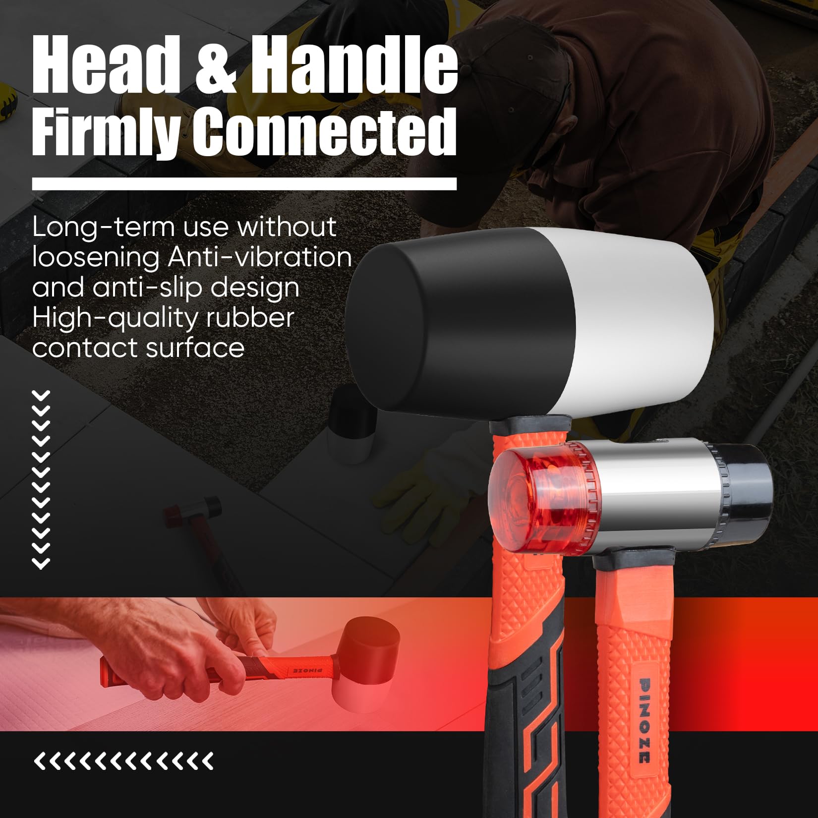 PINOZE 2-Piece Rubber Mallet Hammer Set, 450g Rubber Hammer & 35mm Double-Faced Soft Mallet with 2pcs Relaceable Heads - Image 2