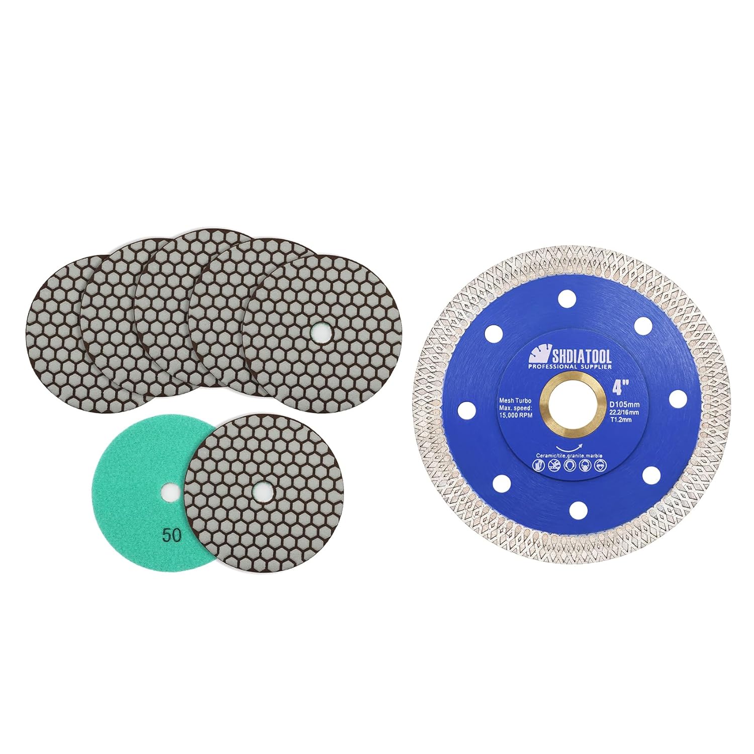 SHDIATOOL 5 Inch Dry Diamond polishing Pads Grit 50 for Granite Marble Quartz(7-Pack)