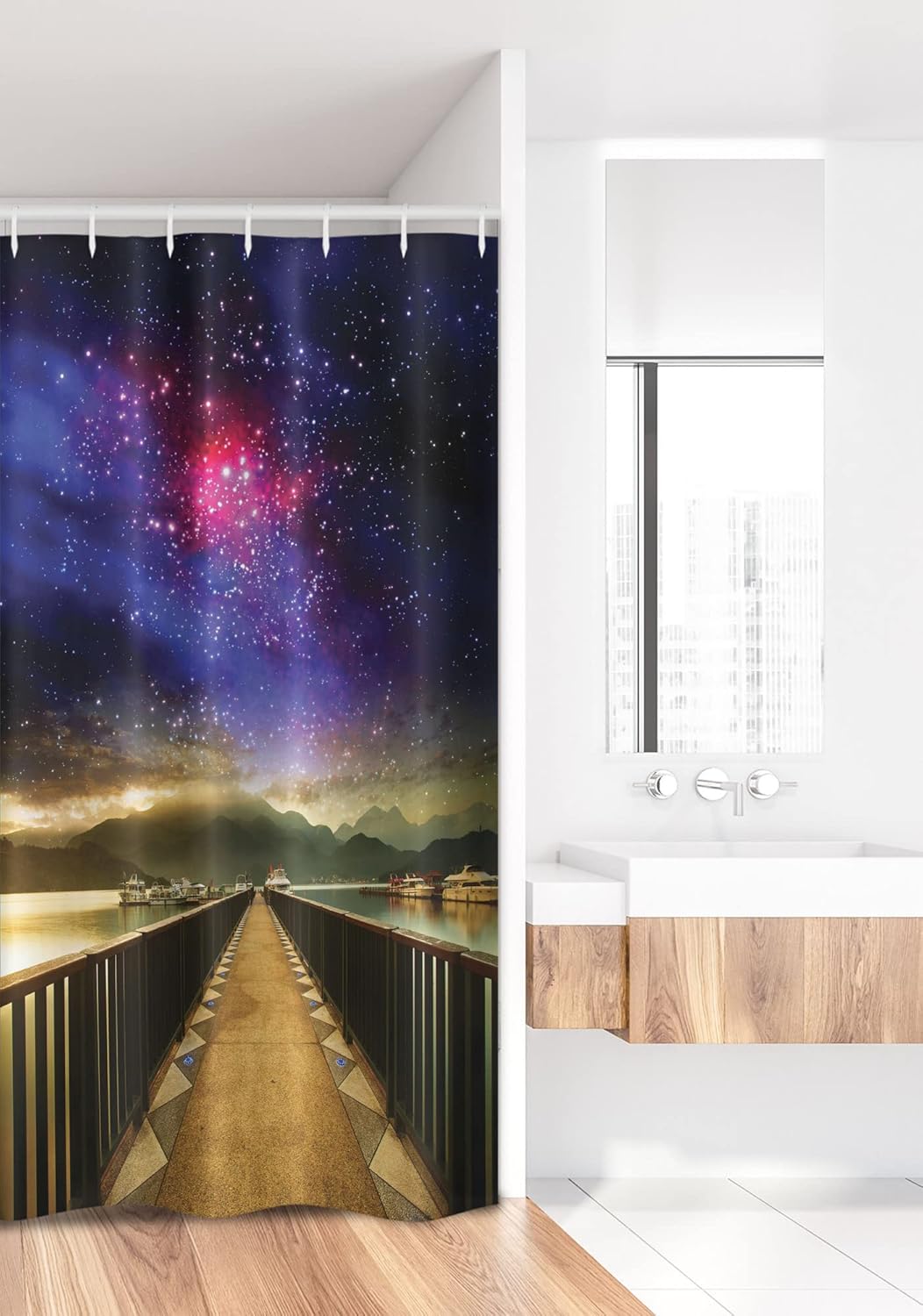 Ambesonne Universe Stall Shower Curtain, Galaxy Cosmos Wooden Bridge Panoramic View Celestial Space Print, Fabric Bathroom Decor Set with Hooks, 36" W x 72" L, Pale Brown Hot Pink