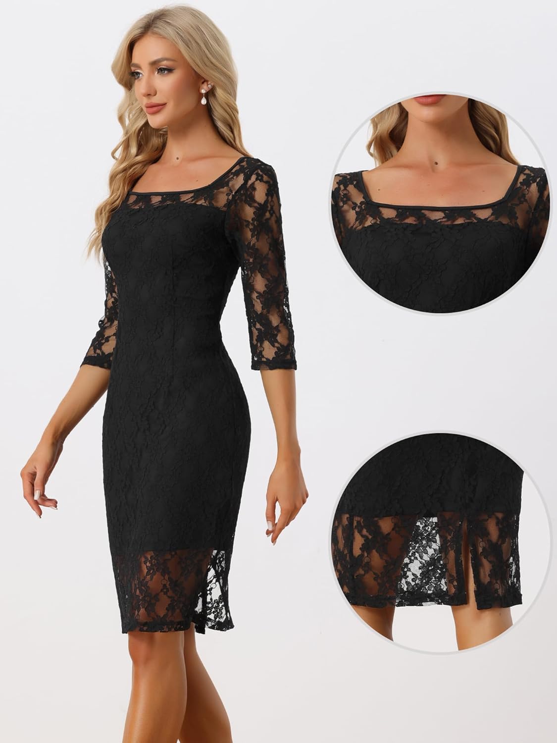 Allegra K Lace Dress for Women's Elegant 3/4 Sleeve Square Neck Bodycon Cocktail Dresses - Image 4