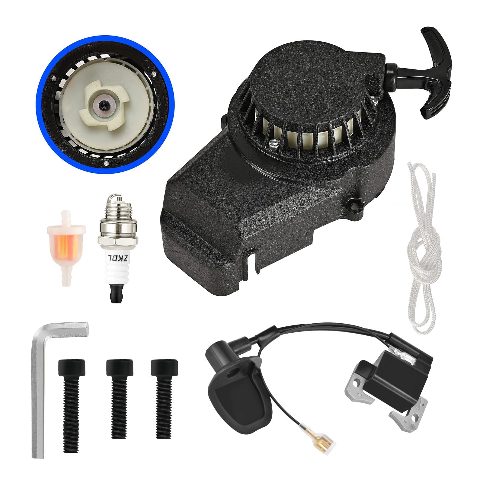 Alloy Pull Start Recoil Starter With Screws Drawstring Wrench Compatible For 47cc 49cc 50cc 2 Stroke Syx Moto Holeshot SSR SX50 Coolster QG50 Kids Mini Dirt Bike Pocket Rocket Bike Quad ATV Parts