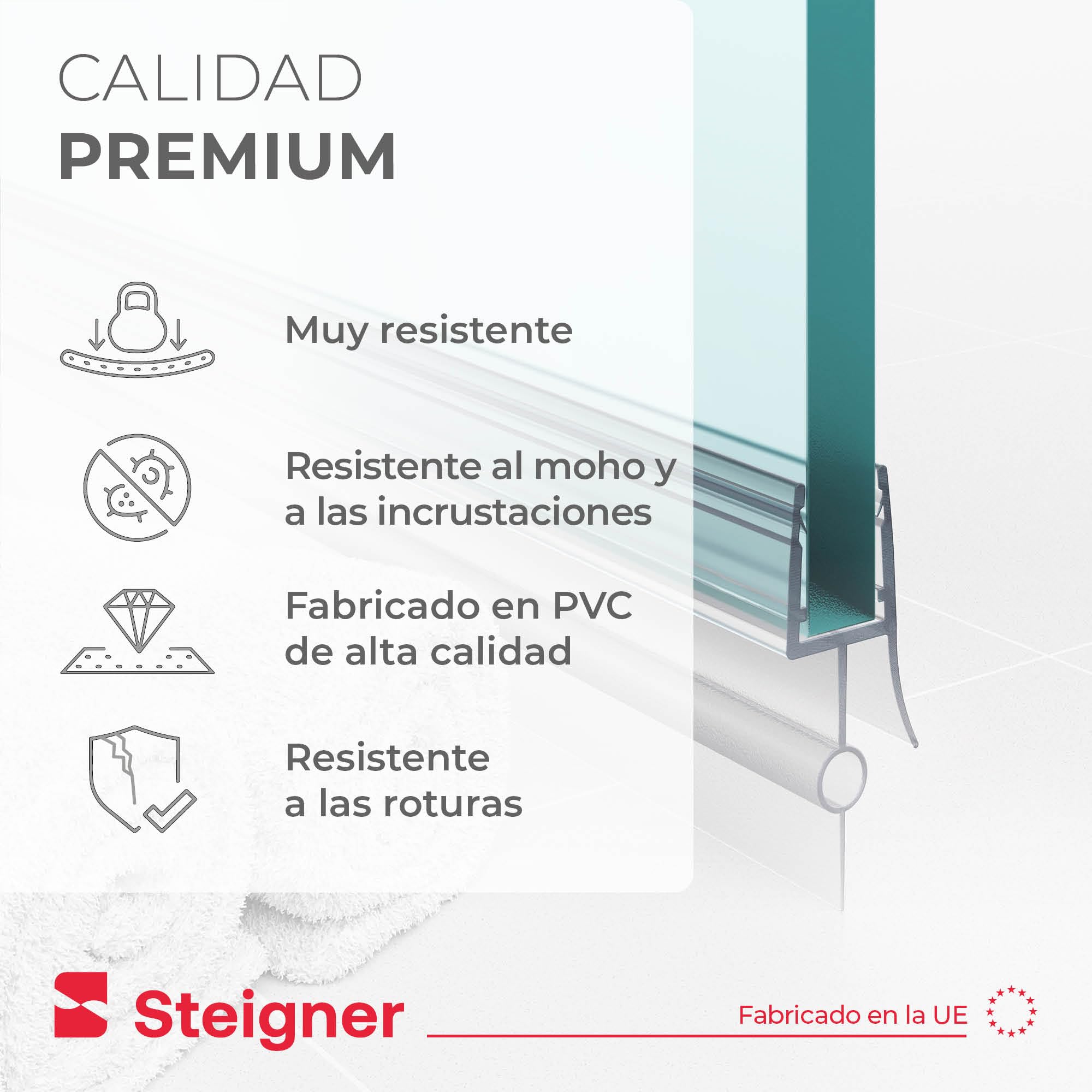 STEIGNER Junta de Ducha, Junta de Sellado, 100 cm, Espesor del Vidrio 5/6 mm, Junta Recta PVC, UK22-06