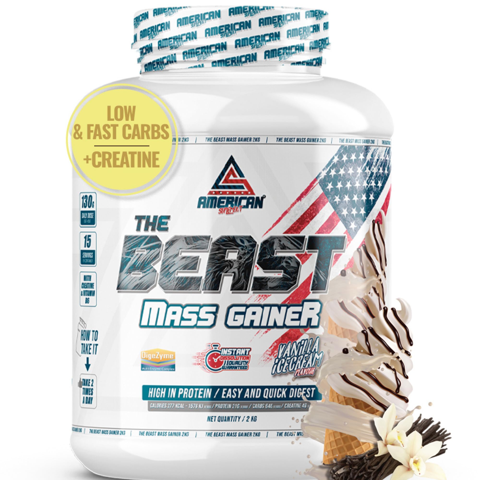 AS American Suplement | The Beast Mass Gainer | 2 kg | Vainilla | Contiene Creatina Monohidrato | Ayuda a Subir de Peso | Alto en Carbohidratos y Proteínas