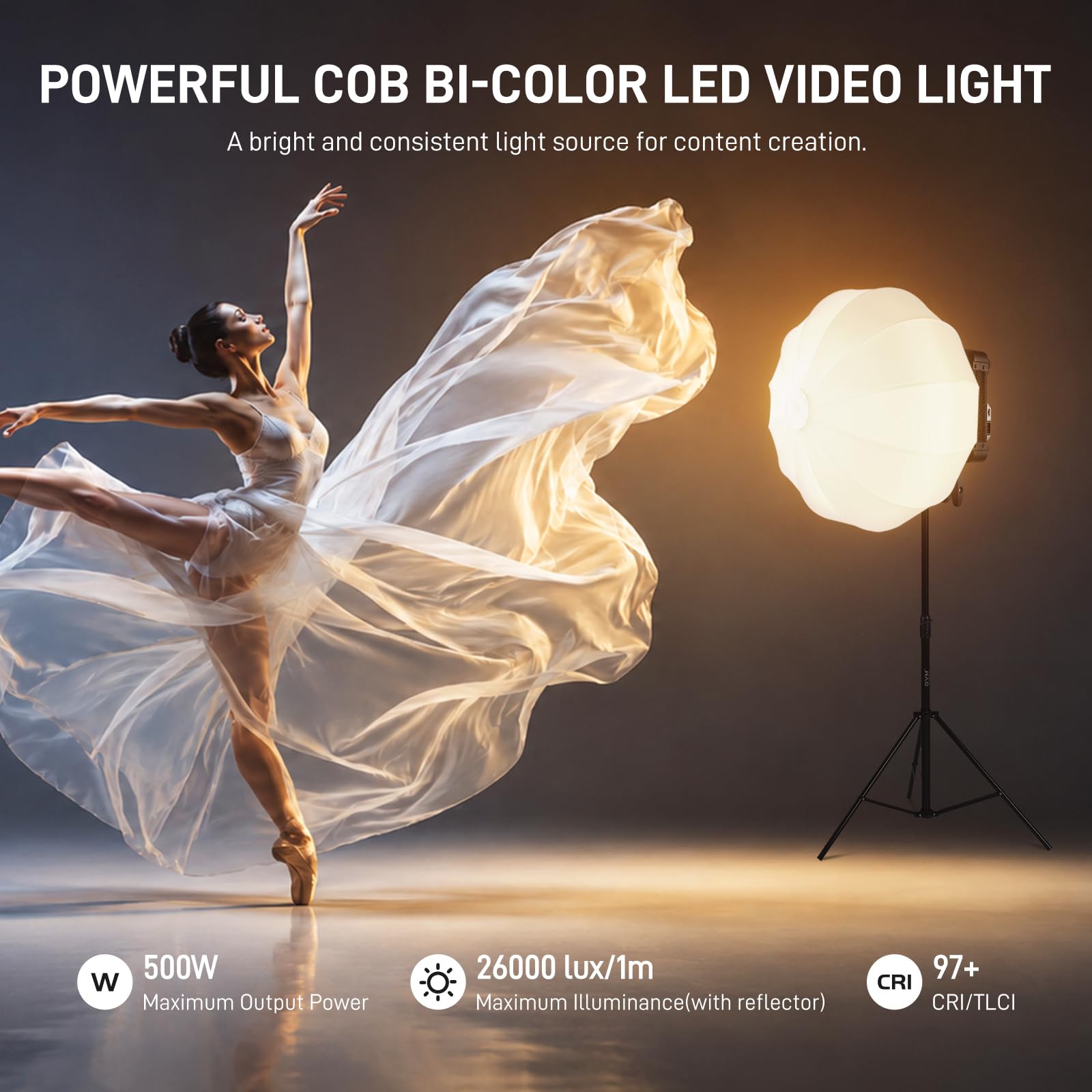 GVM F500B AIO - Luz de video LED bicolor de 500 W, luz de estudio COB con control APP/DMX, montaje Bowens, 2700K-6800K 26000lux/1m CRI97+, iluminación de salida continua para fotografía y producción