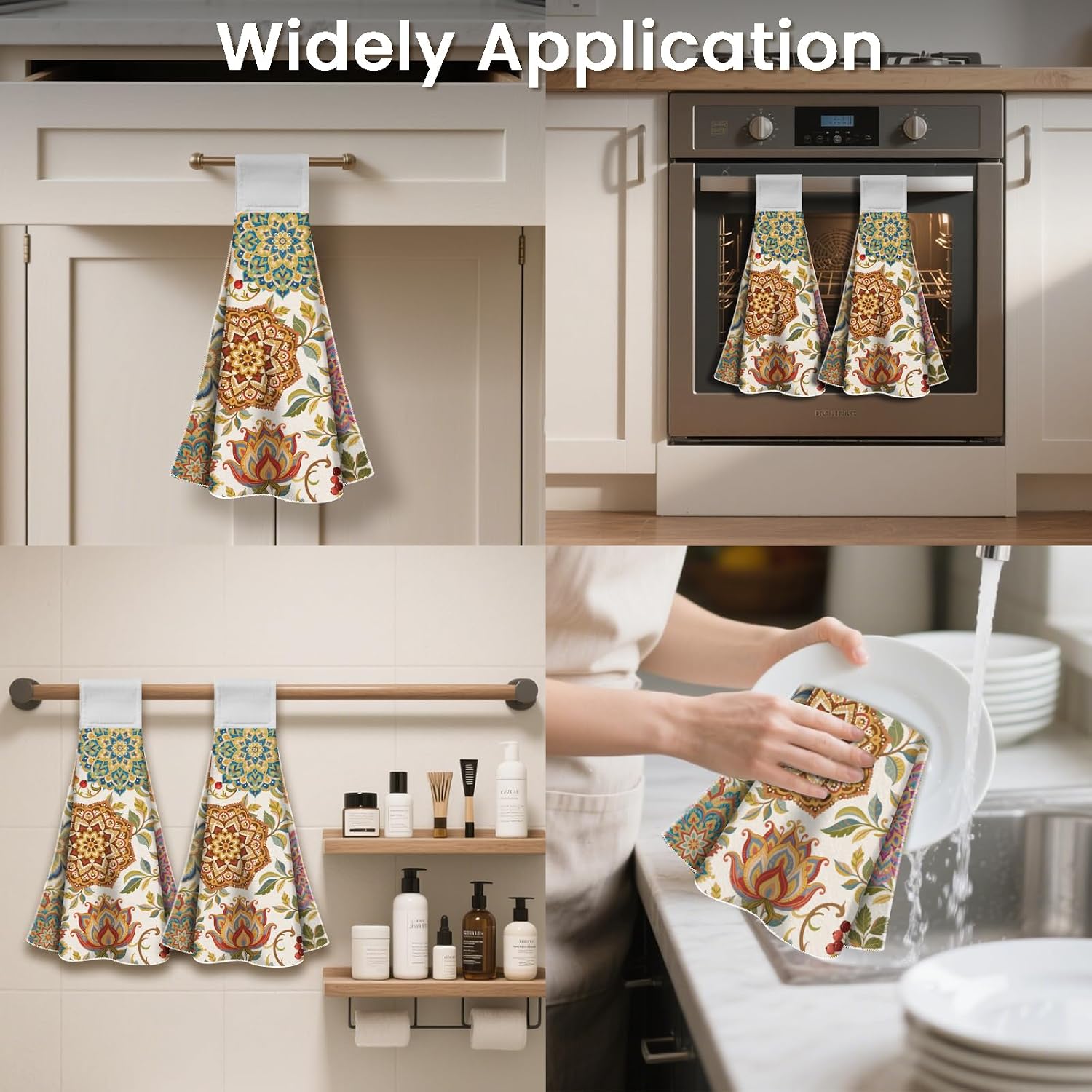CUTHOLLOW Vintage Flower Pattern Hanging Kitchen Towels with Loop, Set of 2 - Soft & Super Absorbent Microfiber Decorative Hanging Dish & Hand Towel, Tea Coffee Towel for Kitchen Bathroom Oven Handle